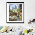 London Rainy Night Diamond Painting Kit – Tower Bridge, Red Bus & Wet Cobblestone Street with Flower Cart & Café JX81