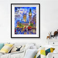 Westminster Night Diamond Painting Kit – Big Ben & Houses of Parliament Illuminated with Red Buses & Dramatic Sky JX85