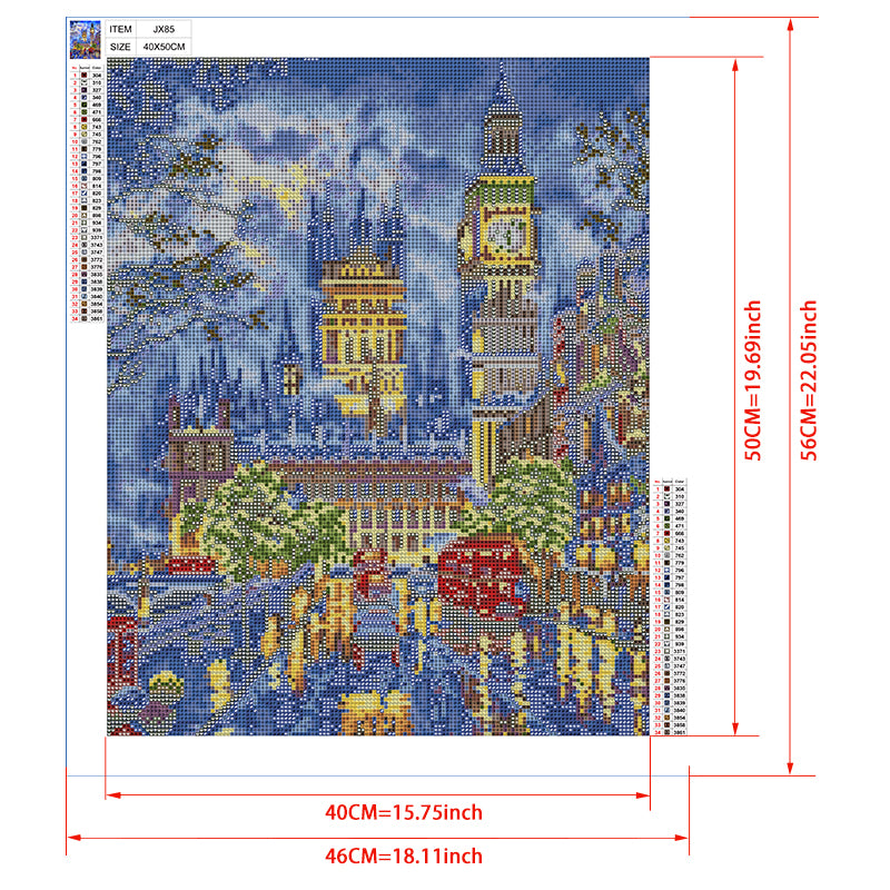 Westminster Night Diamond Painting Kit – Big Ben & Houses of Parliament Illuminated with Red Buses & Dramatic Sky JX85