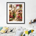 Tuscan Alley Trattoria Diamond Painting Kit – Stone Arch Lane with Bougainvillea, Iron Balconies & Red Café Awning JX87