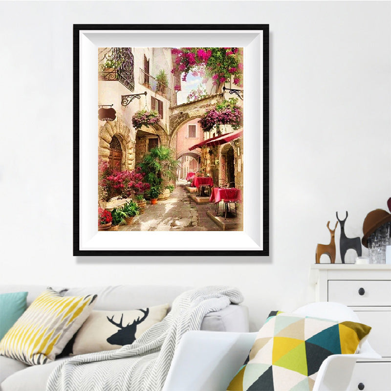 Tuscan Alley Trattoria Diamond Painting Kit – Stone Arch Lane with Bougainvillea, Iron Balconies & Red Café Awning JX87