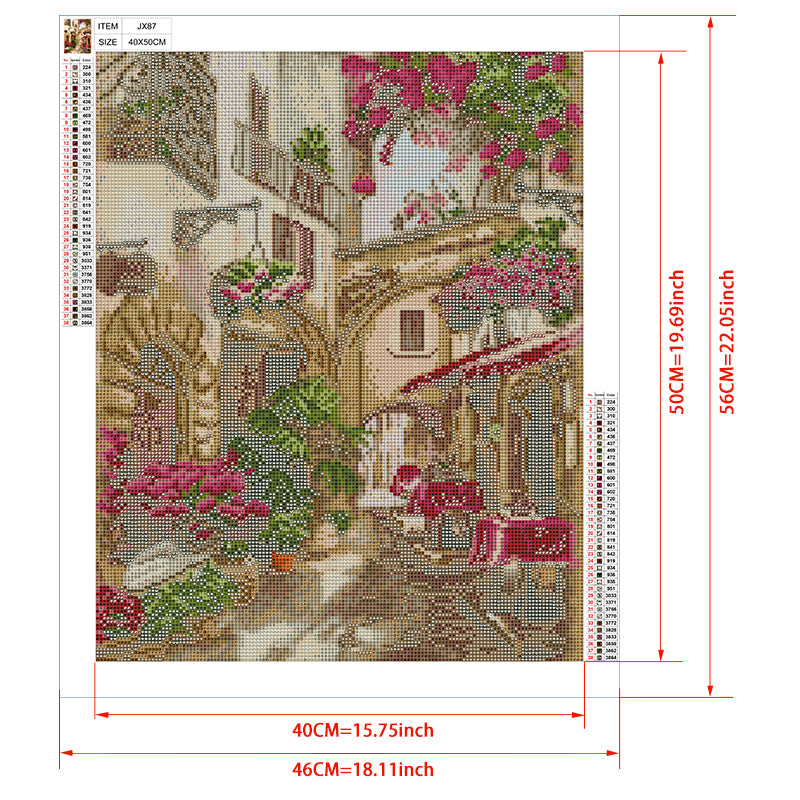 Tuscan Alley Trattoria Diamond Painting Kit – Stone Arch Lane with Bougainvillea, Iron Balconies & Red Café Awning JX87