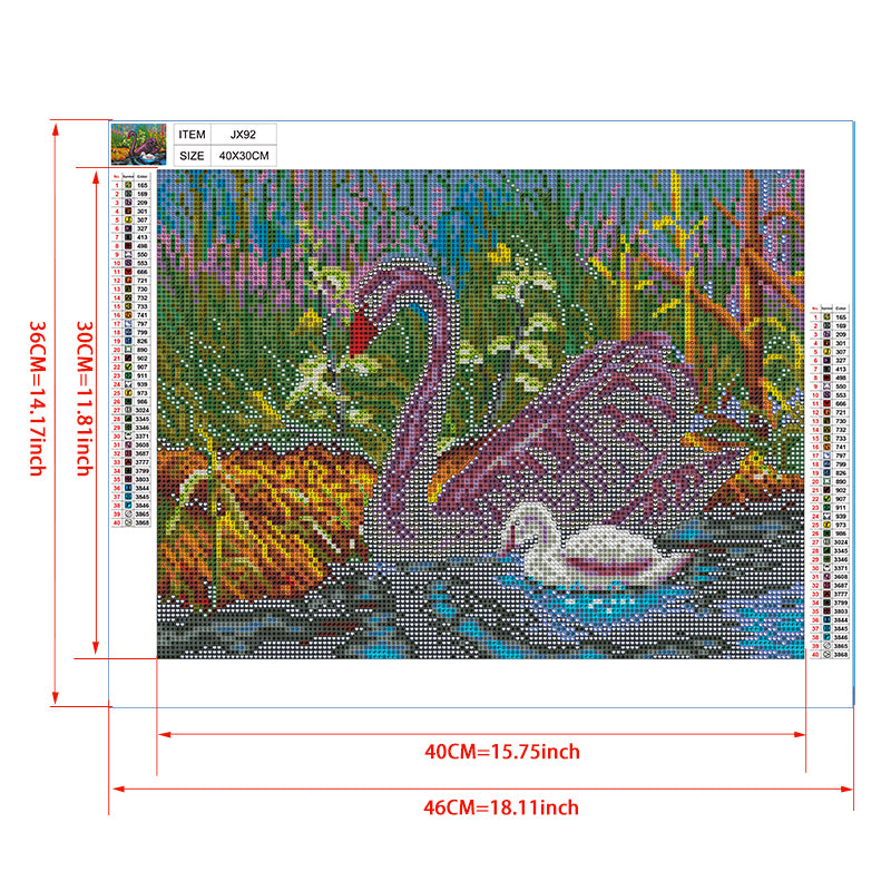 Swan Family Diamond Painting Kit – Purple Swans & Cygnet in Blooming Garden Pond JX92