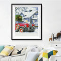Vintage Christmas Car Diamond Painting Kit – Red Classic Auto with Christmas Tree, Wreath & Snowy Village Night JX94