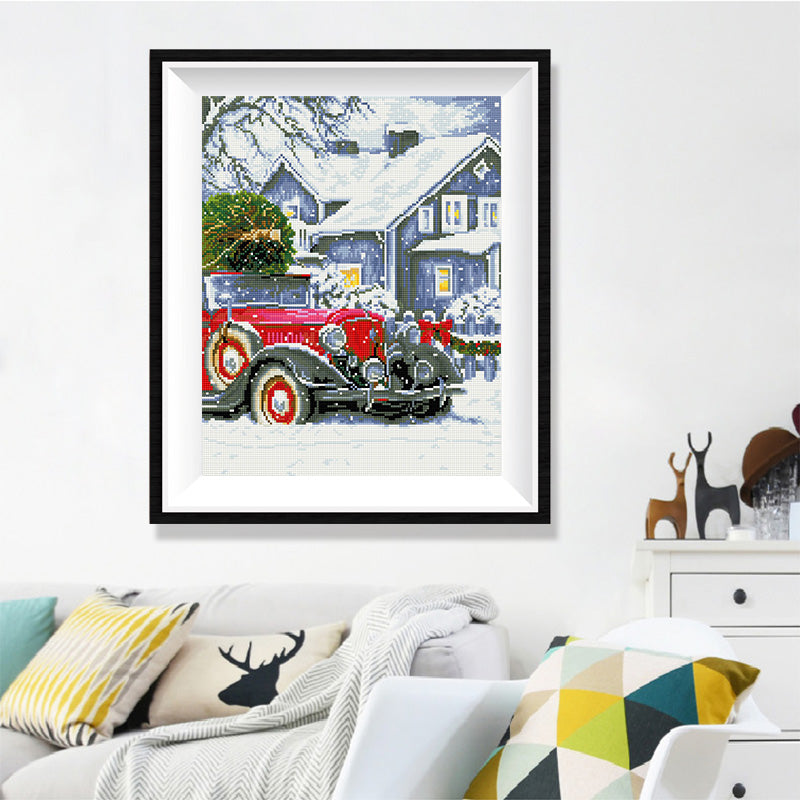 Vintage Christmas Car Diamond Painting Kit – Red Classic Auto with Christmas Tree, Wreath & Snowy Village Night JX94