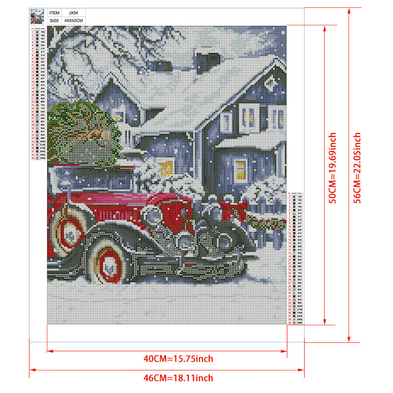 Vintage Christmas Car Diamond Painting Kit – Red Classic Auto with Christmas Tree, Wreath & Snowy Village Night JX94