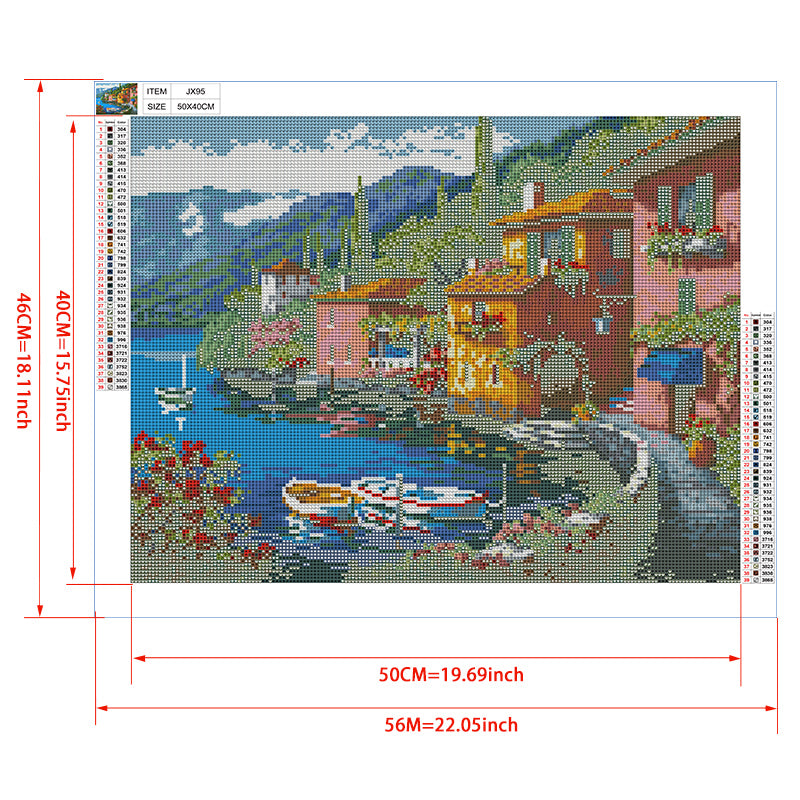 Lake Como Villa Diamond Painting Kit – Colorful Lakeside Villas with Rowboats, Cypress Trees & Blue Mountain Reflections JX95