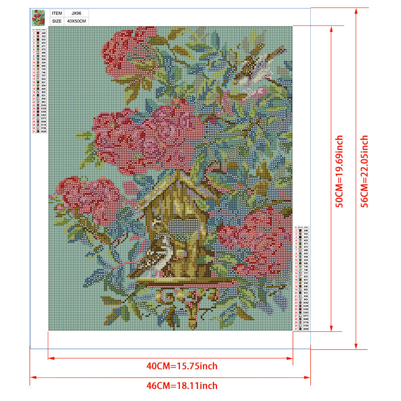 Rose Garden Birdhouse Diamond Painting Kit – Golden Birdhouse with Red Peonies, Sparrows & Mint Green Background JX96