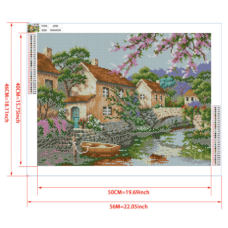 Provence Stone Village Diamond Painting Kit – Honey-Stone Cottages, Stone Bridge & Stream with Cherry Blossoms & Lavender JX99